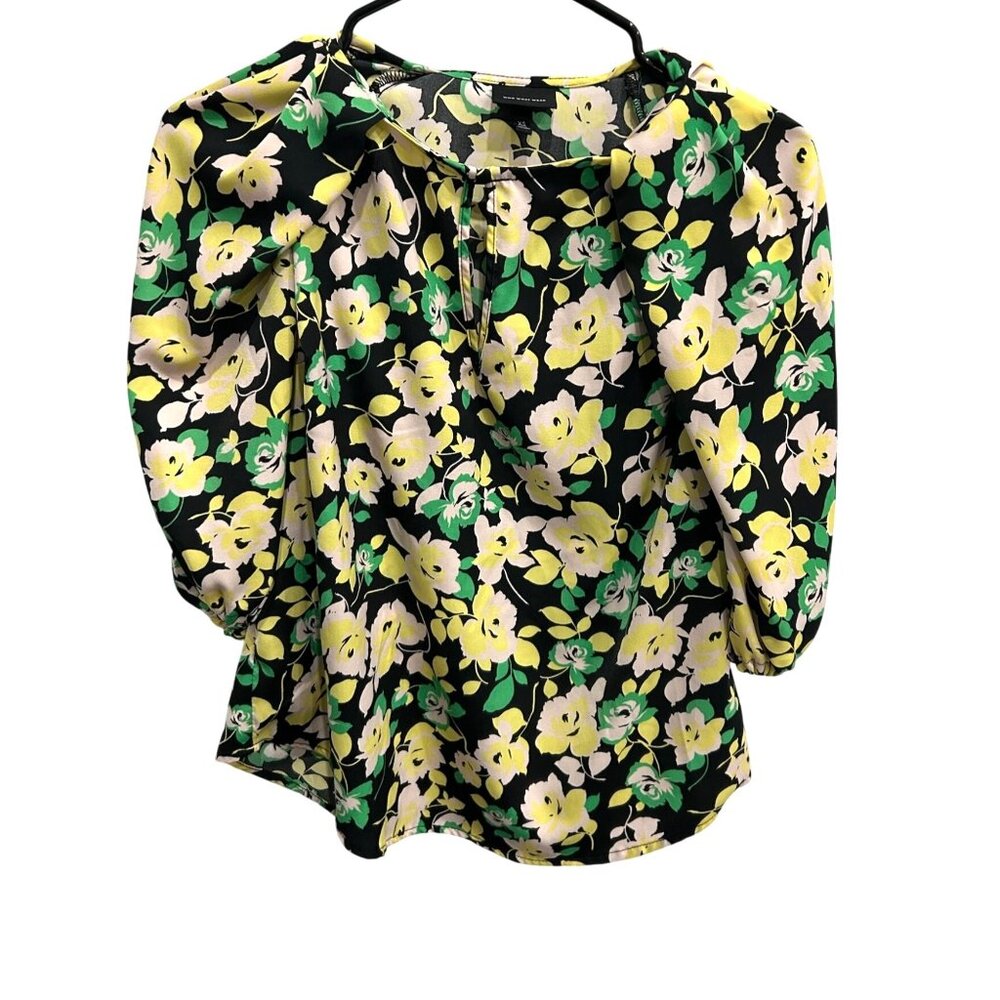Who What Wear Black Floral Print Blouse Yellow Green Flowers Sz XS